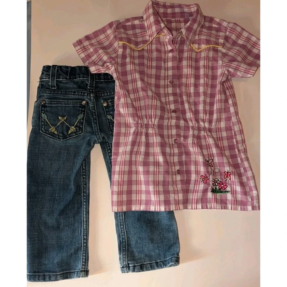 Wrangler Girls 2T Purple Shirt western country cowgirl Jeans outfit pearl snap‎